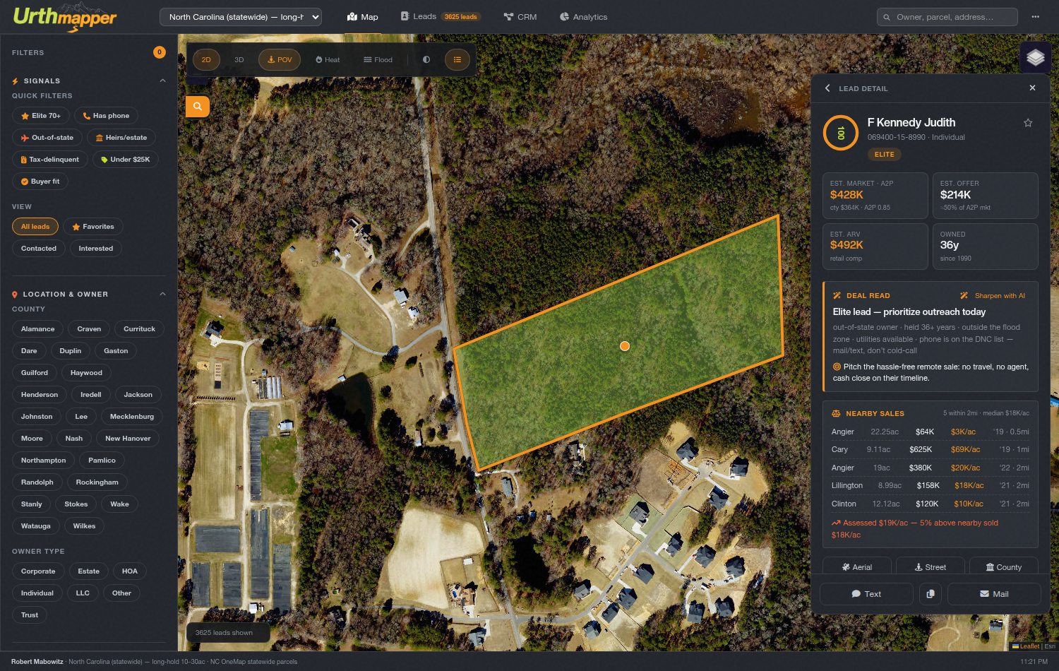 Urthmapper lead detail: owner, comps, flood and screening evidence