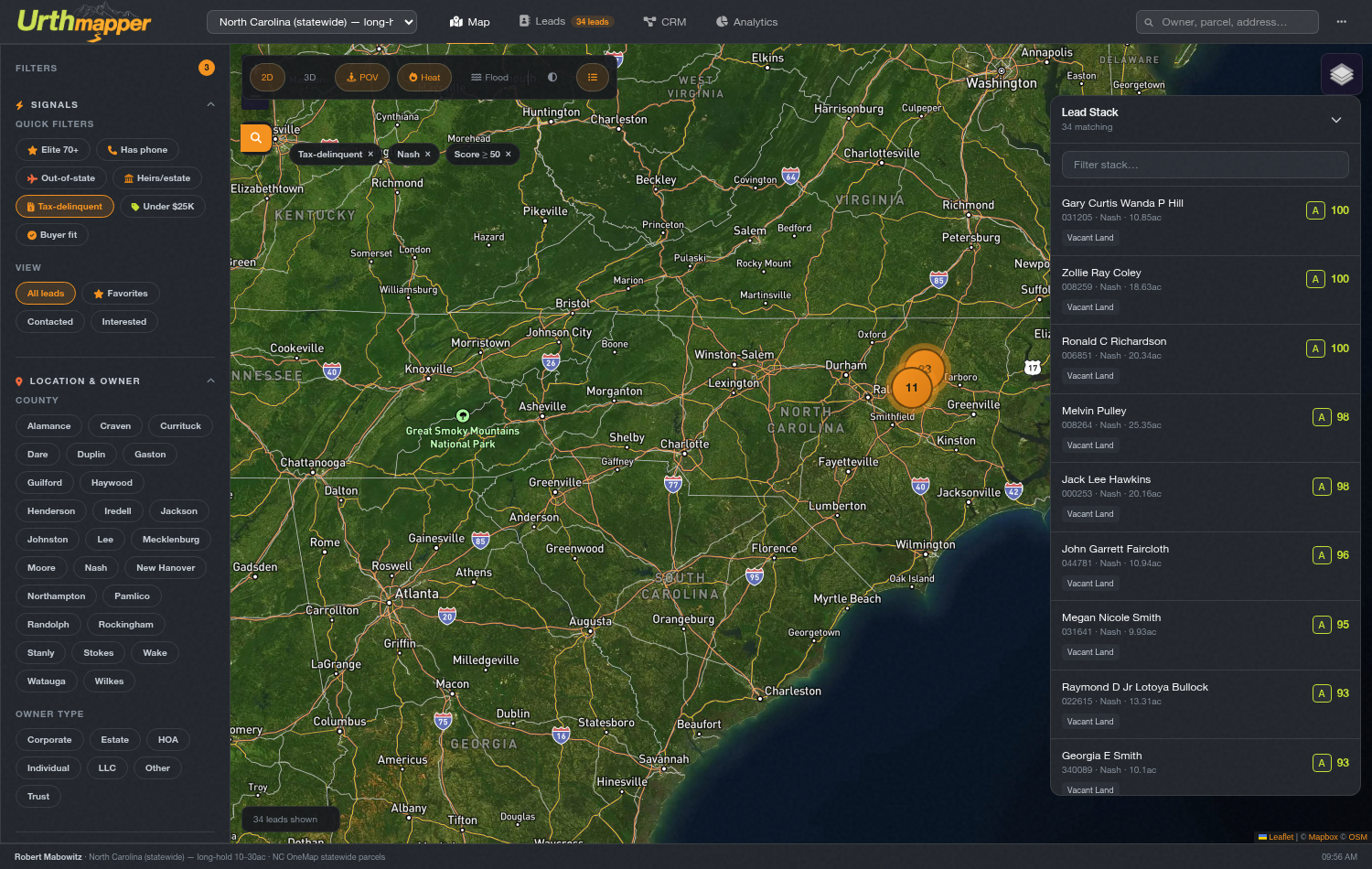 The Urthmapper console: a county map with the scored lead stack beside it